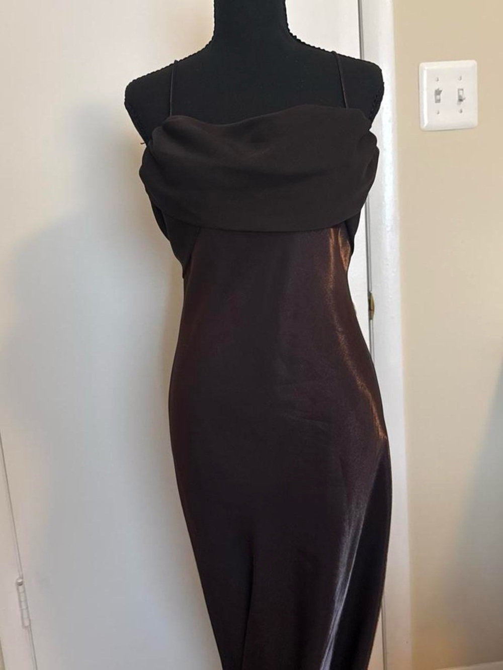 Betsy & Adam by Linda Bernell Brown Satin Cowl Neck Formal Maxi Dress Size 12